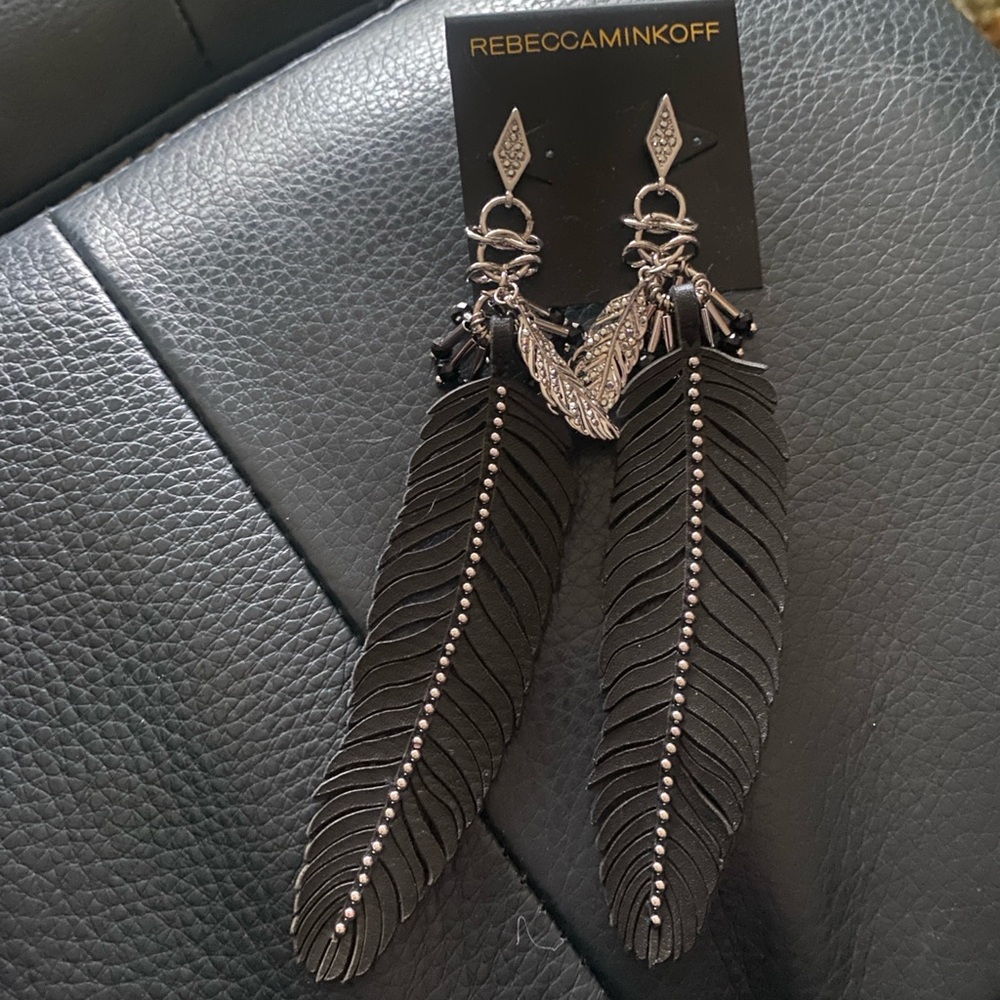 Rebecca Minkoff Leather Feather Earrings Black Feather and Crystals - Picture 6 of 6